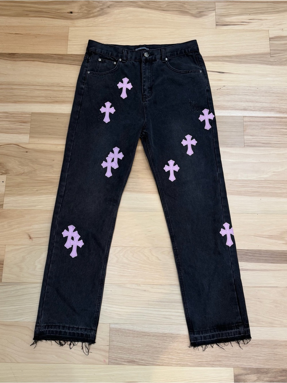 Chrome Hearts Sz 34 black jeans with pink cross #chromehearts
